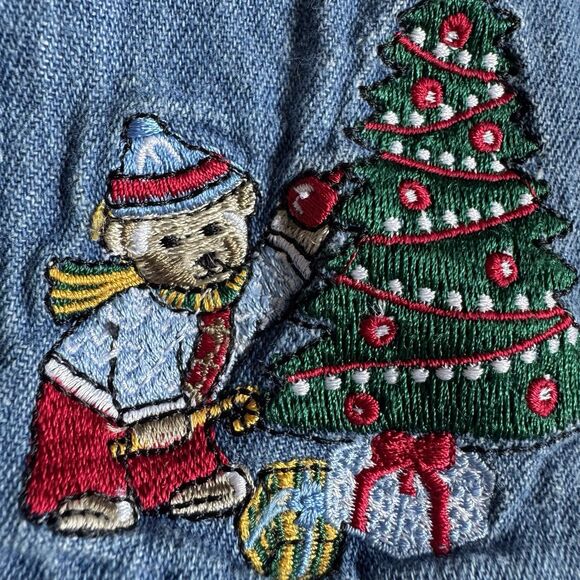 Vintage 90s Quizz Denim Button Up Shirt Sz L Christmas Bears Embroidery Winter - Picture 5 of 16